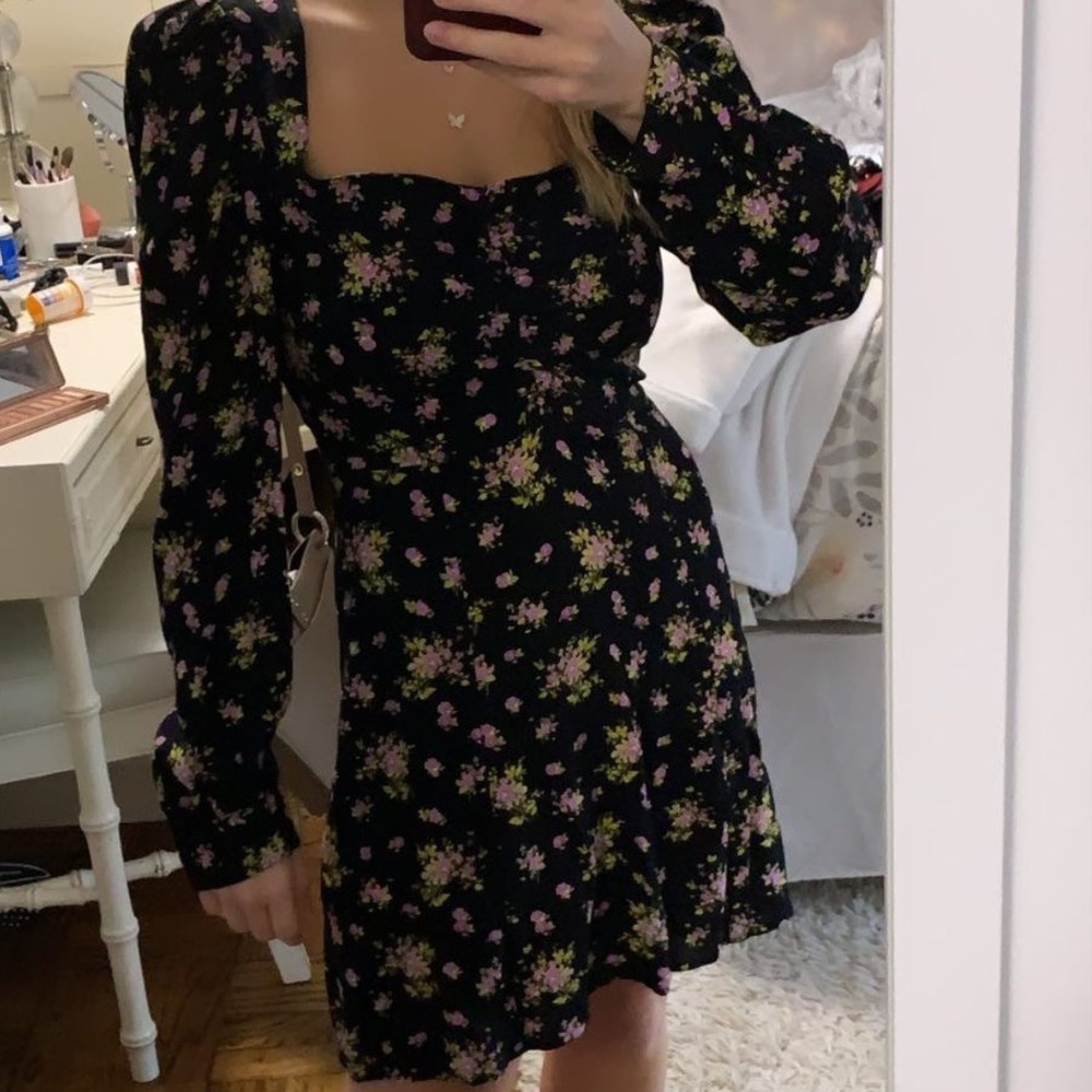 NWOT Zara Black Floral Long Sleeve Mini Dress Size S